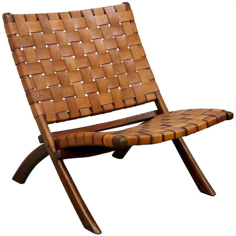 Fauteuil lounge en cuir tressé Mid-Century avec structure en bois de teck massif