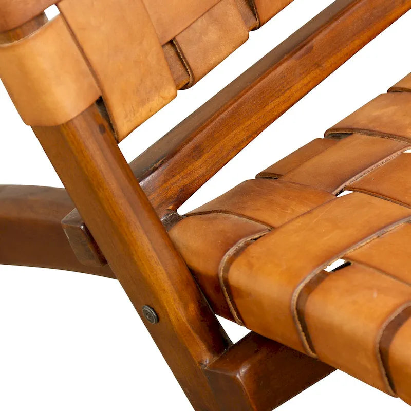 Fauteuil lounge en cuir tressé Mid-Century avec structure en bois de teck massif