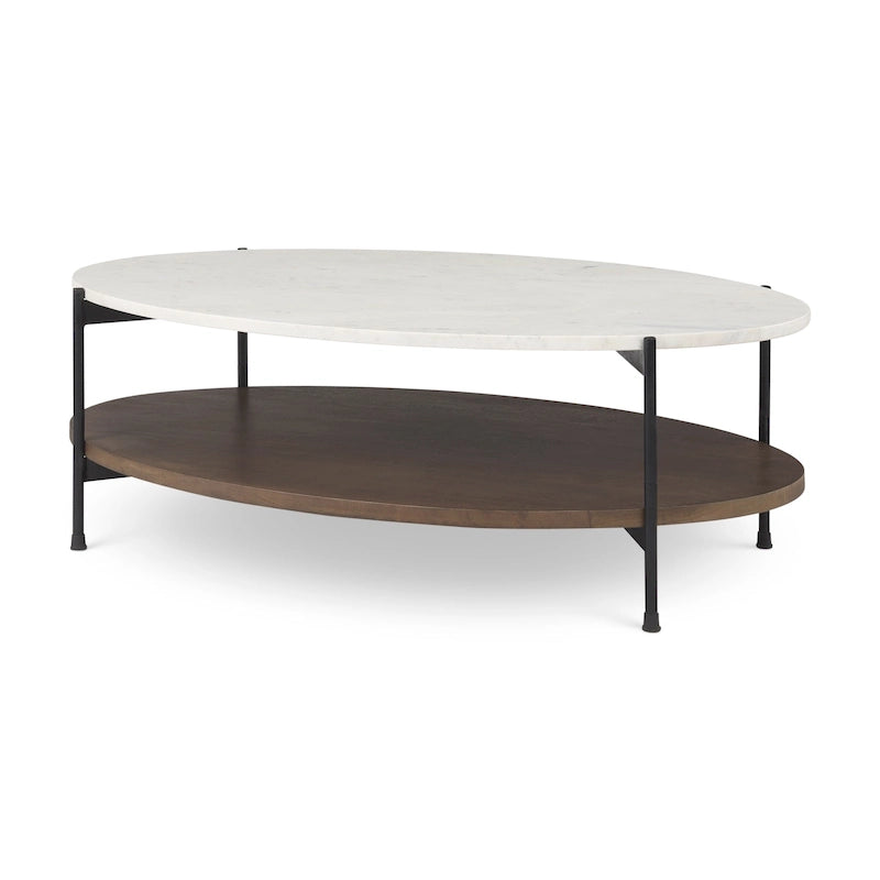 Table basse ovale avec plateau en marbre blanc, étagère en bois et pieds en fer