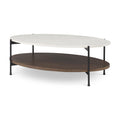 Table basse ovale avec plateau en marbre blanc, étagère en bois et pieds en fer