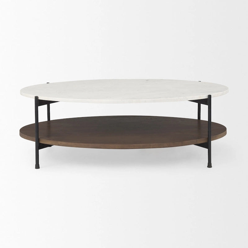 Table basse ovale avec plateau en marbre blanc, étagère en bois et pieds en fer