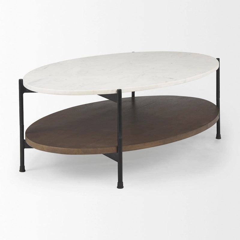 Table basse ovale avec plateau en marbre blanc, étagère en bois et pieds en fer