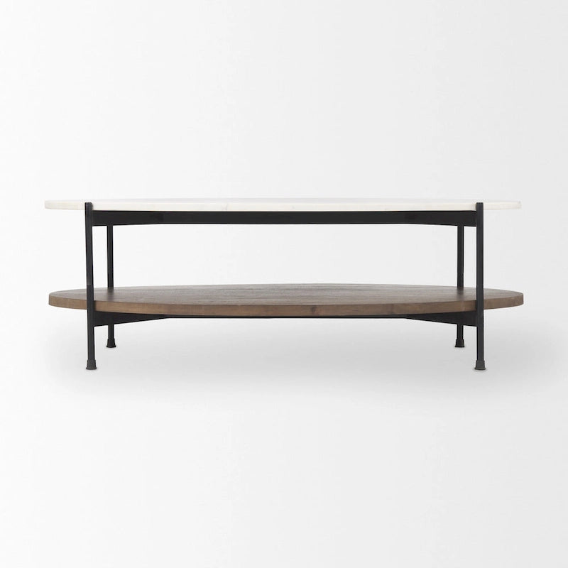 Table basse ovale avec plateau en marbre blanc, étagère en bois et pieds en fer