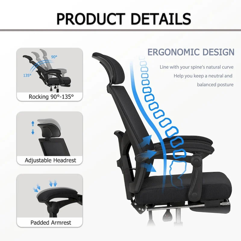Chaise de bureau ergonomique en maille avec repose-pieds