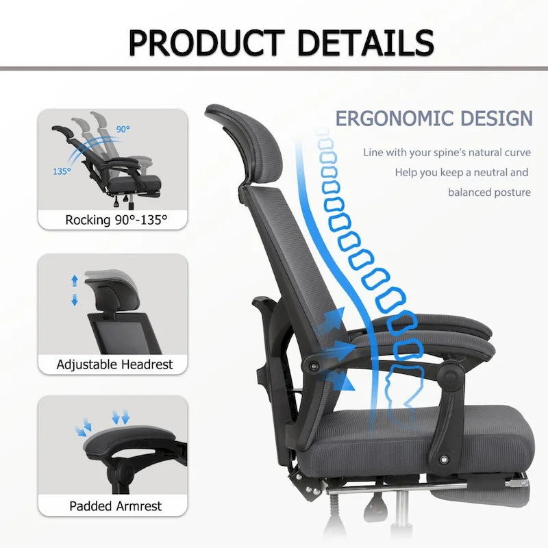 Chaise de bureau ergonomique en maille avec repose-pieds