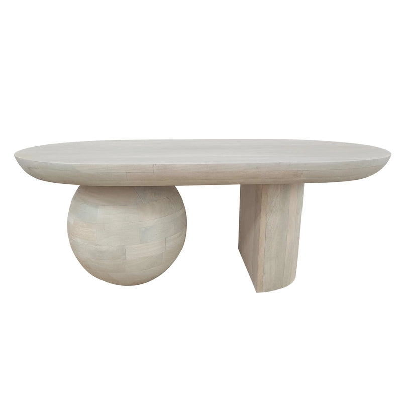 Table basse oblongue en bois de manguier massif avec pieds boules sculpturaux