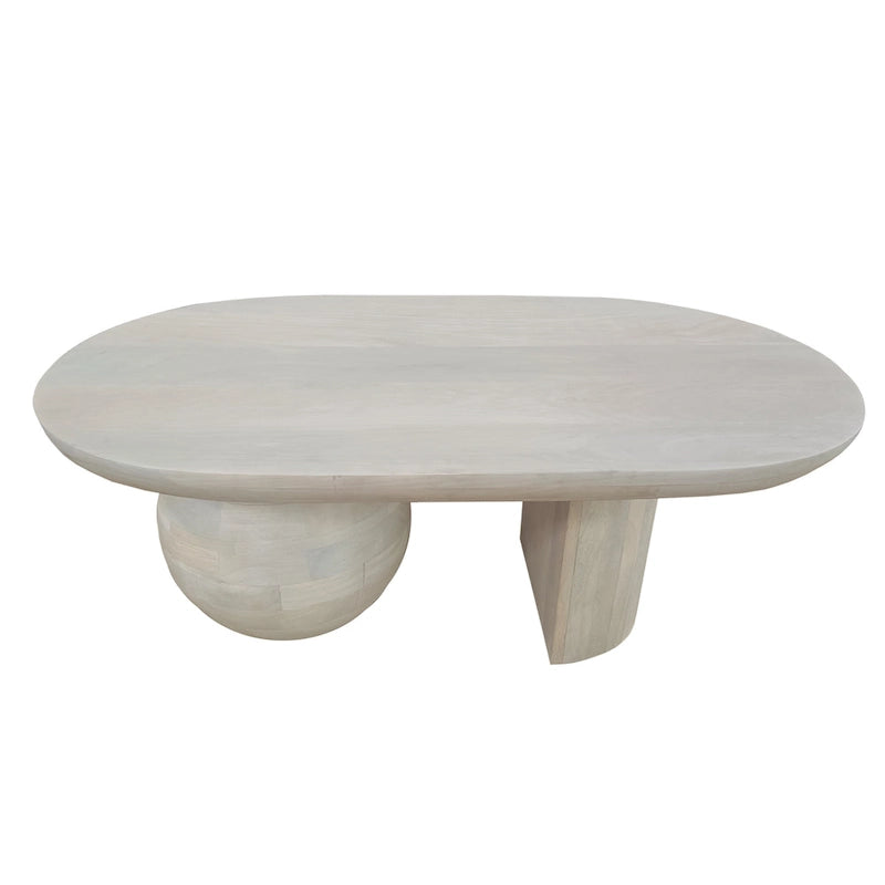 Table basse oblongue en bois de manguier massif avec pieds boules sculpturaux