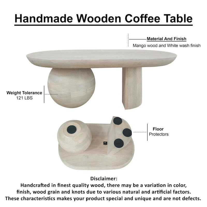 Table basse oblongue en bois de manguier massif avec pieds boules sculpturaux