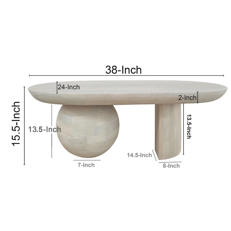 Table basse oblongue en bois de manguier massif avec pieds boules sculpturaux