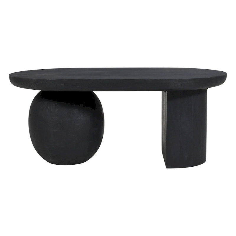 Table basse oblongue en bois de manguier massif avec pieds boules sculpturaux