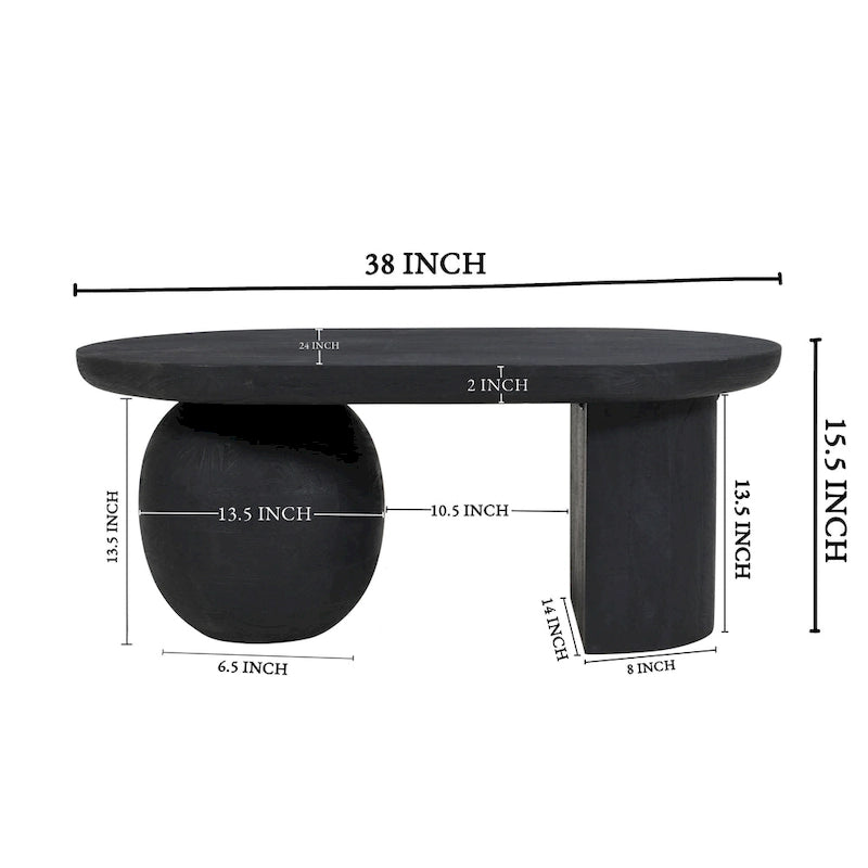 Table basse oblongue en bois de manguier massif avec pieds boules sculpturaux