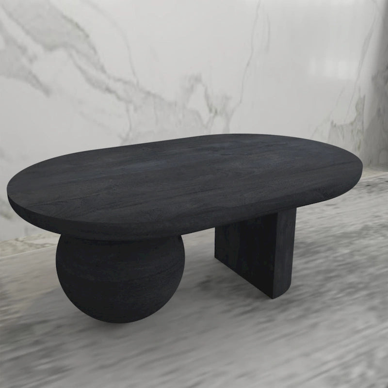 Table basse oblongue en bois de manguier massif avec pieds boules sculpturaux