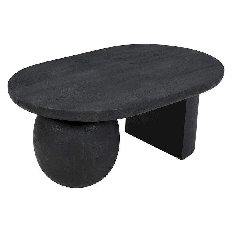 Table basse oblongue en bois de manguier massif avec pieds boules sculpturaux