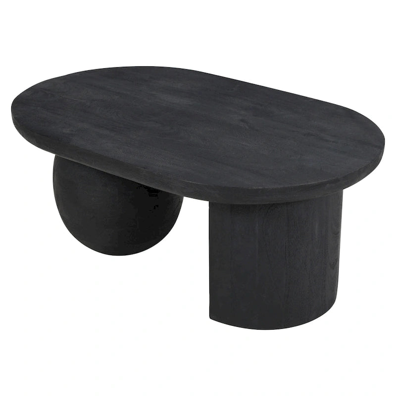 Table basse oblongue en bois de manguier massif avec pieds boules sculpturaux