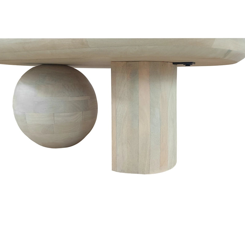 Table basse oblongue en bois de manguier massif avec pieds boules sculpturaux