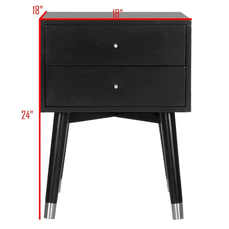 Table de chevet à 2 tiroirs de style moderne du milieu du siècle avec pieds accentués en métal