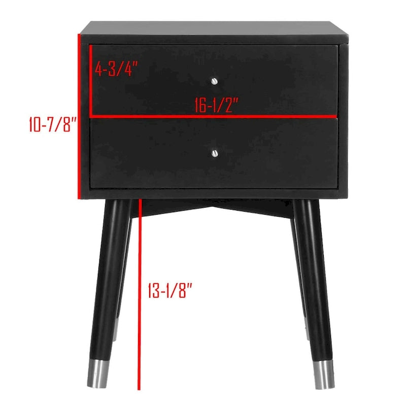 Table de chevet à 2 tiroirs de style moderne du milieu du siècle avec pieds accentués en métal
