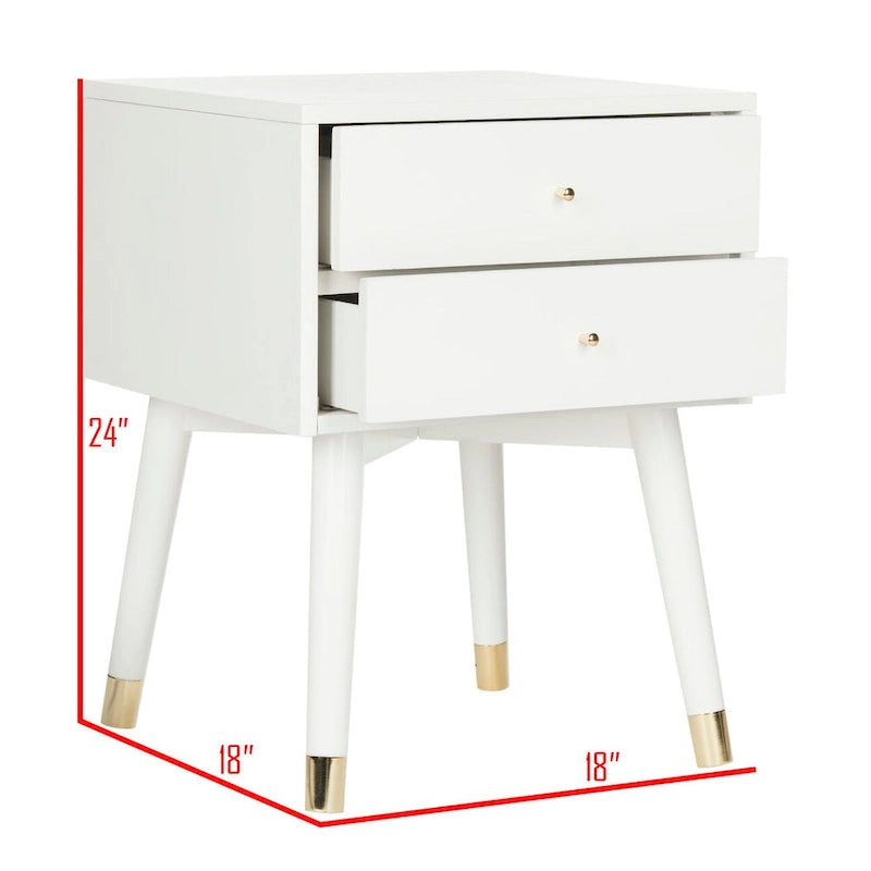 Table de chevet à 2 tiroirs de style moderne du milieu du siècle avec pieds accentués en métal