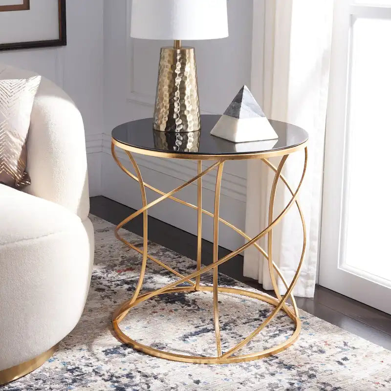 Table d'appoint en fer doré avec plateau en verre