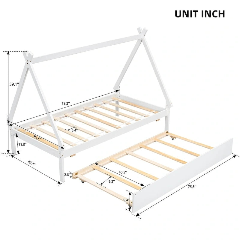 Lit au sol tipi jumeau avec lit gigogne escamotable – Cadre en bois de pin
