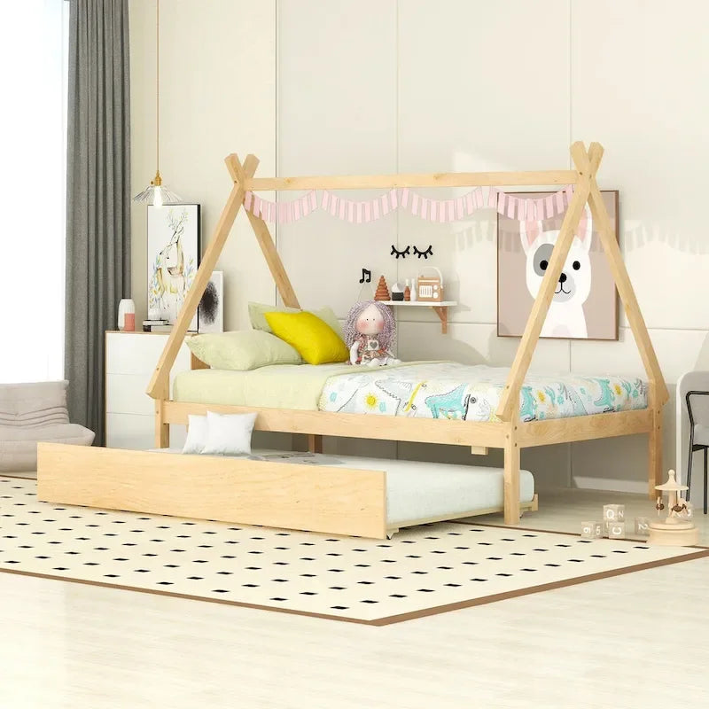 Lit au sol tipi jumeau avec lit gigogne escamotable – Cadre en bois de pin