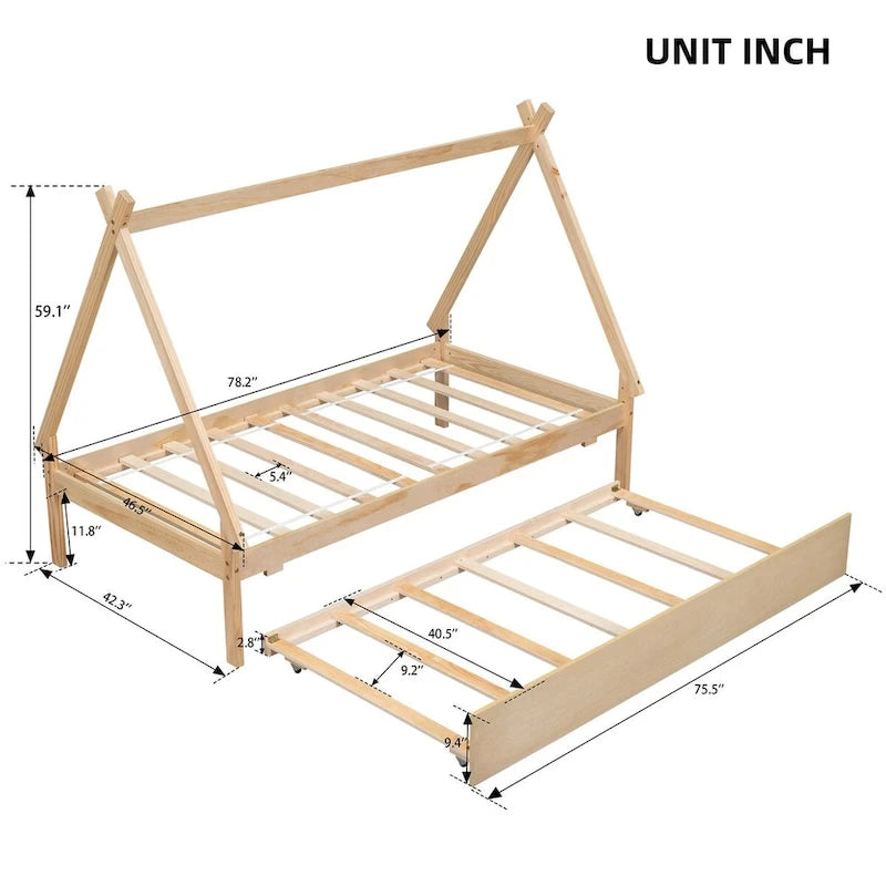 Lit au sol tipi jumeau avec lit gigogne escamotable – Cadre en bois de pin