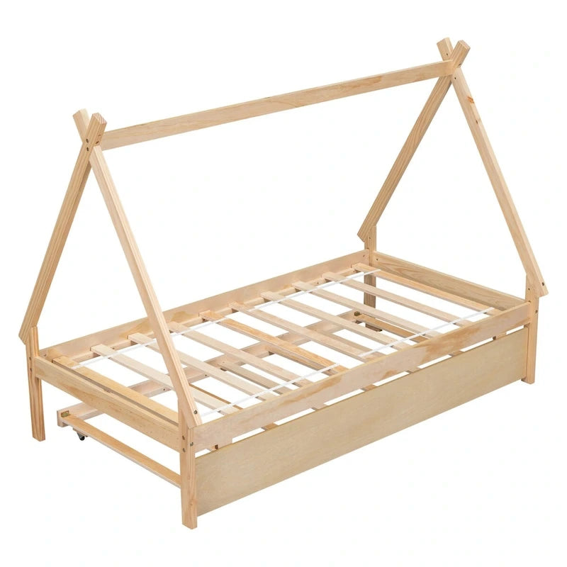 Lit au sol tipi jumeau avec lit gigogne escamotable – Cadre en bois de pin