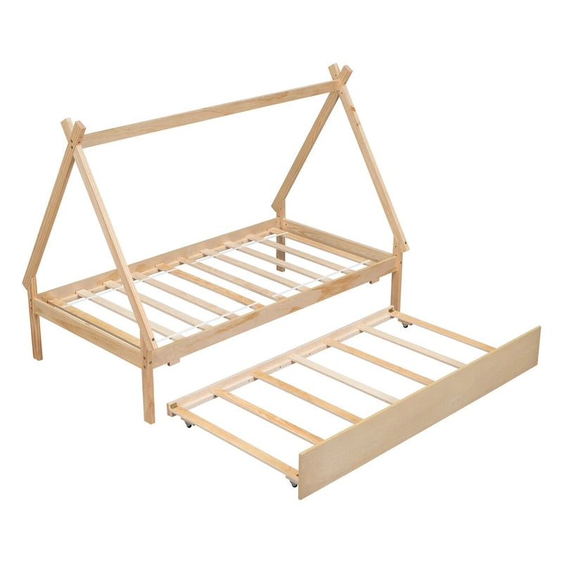 Lit au sol tipi jumeau avec lit gigogne escamotable – Cadre en bois de pin