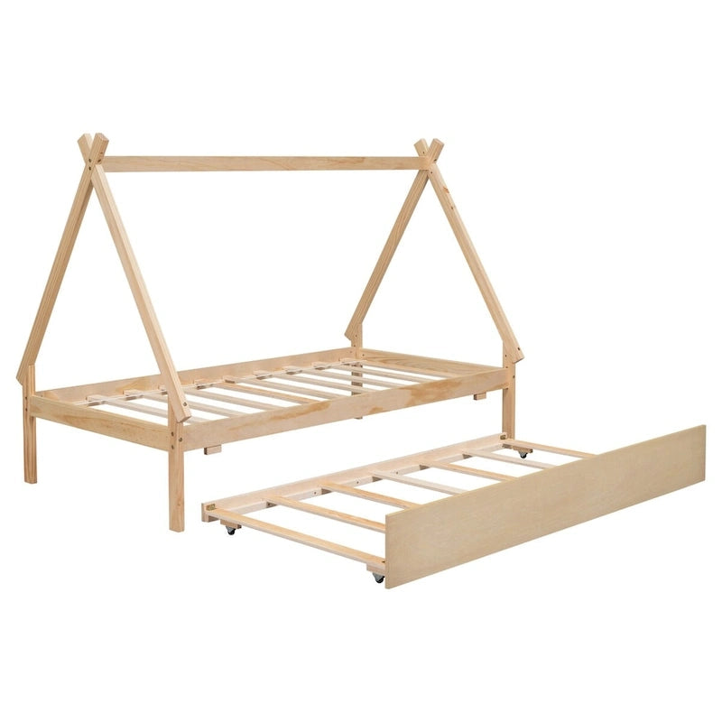 Lit au sol tipi jumeau avec lit gigogne escamotable – Cadre en bois de pin