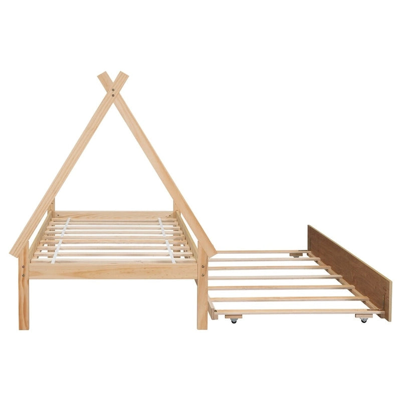 Lit au sol tipi jumeau avec lit gigogne escamotable – Cadre en bois de pin