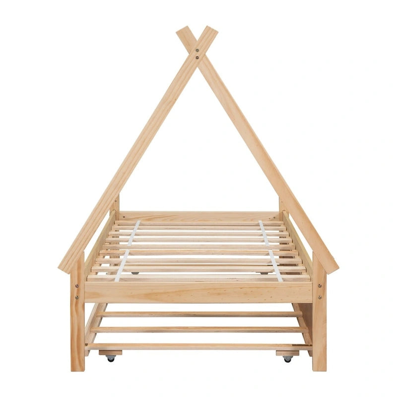 Lit au sol tipi jumeau avec lit gigogne escamotable – Cadre en bois de pin