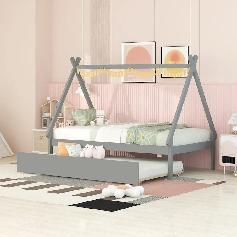 Lit au sol tipi jumeau avec lit gigogne escamotable – Cadre en bois de pin