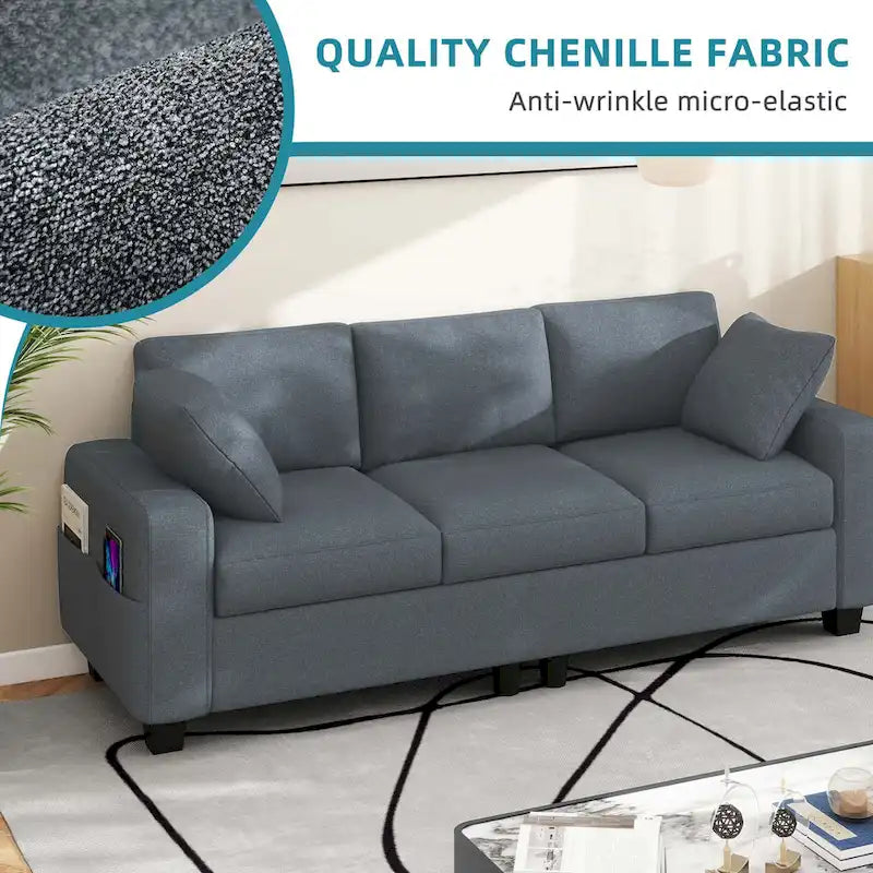 Canapé 3 places en chenille de 80 pouces avec poches latérales et 2 coussins