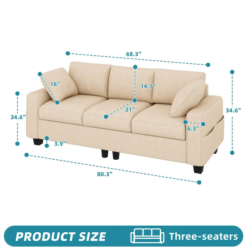 Canapé 3 places en chenille de 80 pouces avec poches latérales et 2 coussins