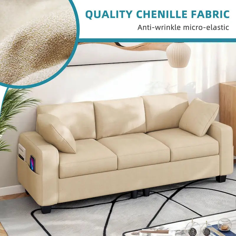 Canapé 3 places en chenille de 80 pouces avec poches latérales et 2 coussins