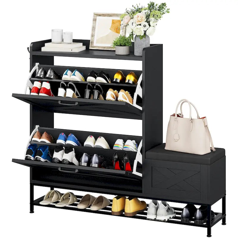 Meuble à chaussures d'entrée de ferme avec banc de rangement et 2 tiroirs basculants