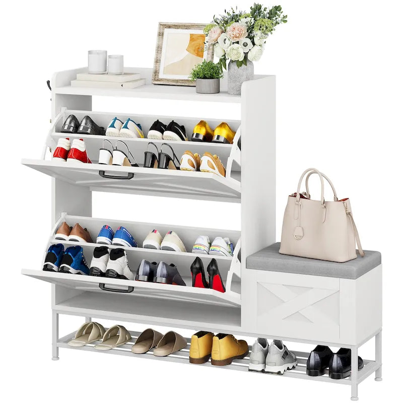 Meuble à chaussures d'entrée de ferme avec banc de rangement et 2 tiroirs basculants