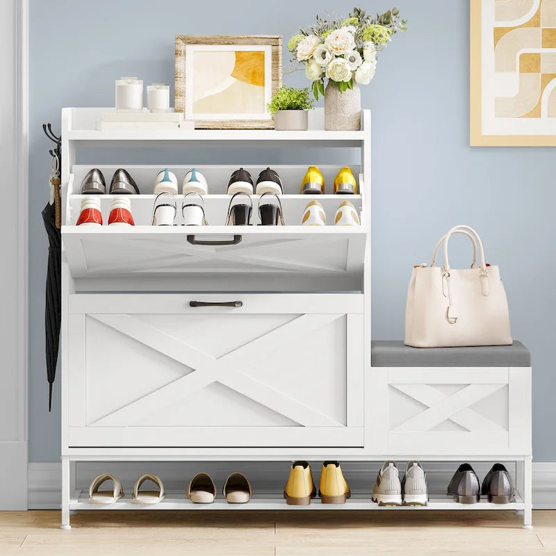 Meuble à chaussures d'entrée de ferme avec banc de rangement et 2 tiroirs basculants