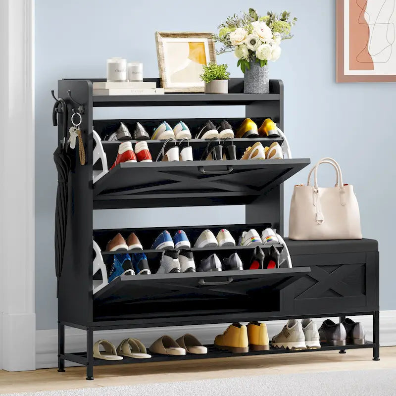 Meuble à chaussures d'entrée de ferme avec banc de rangement et 2 tiroirs basculants