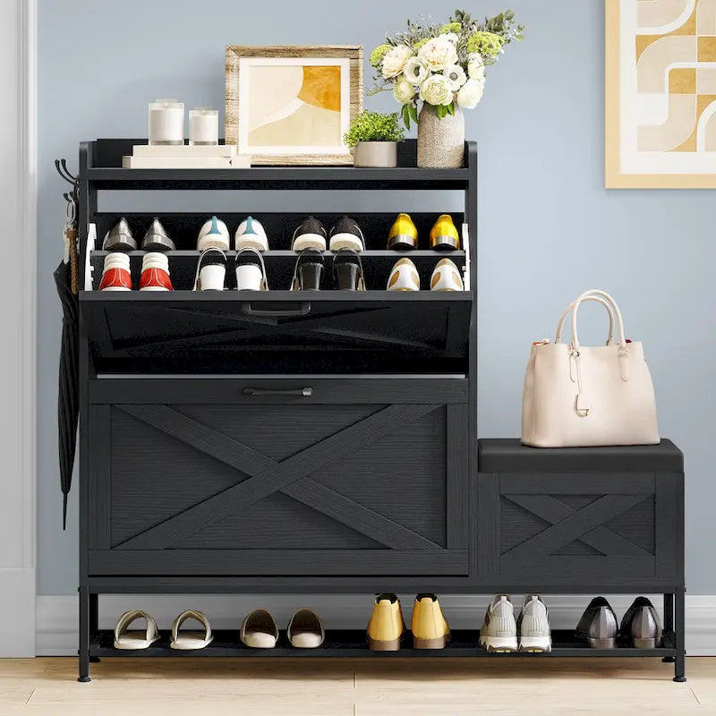 Meuble à chaussures d'entrée de ferme avec banc de rangement et 2 tiroirs basculants