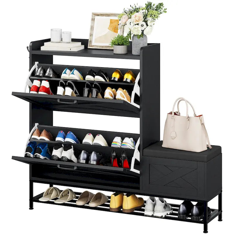 Meuble à chaussures d'entrée de ferme avec banc de rangement et 2 tiroirs basculants