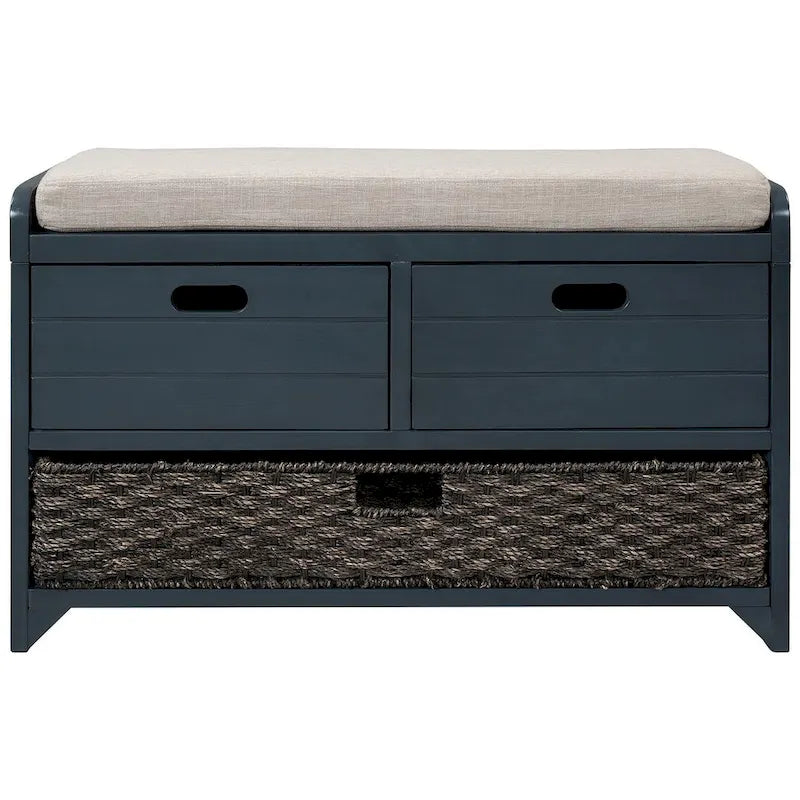 Banc de rangement rustique rembourré avec 2 tiroirs et panier en rotin amovible