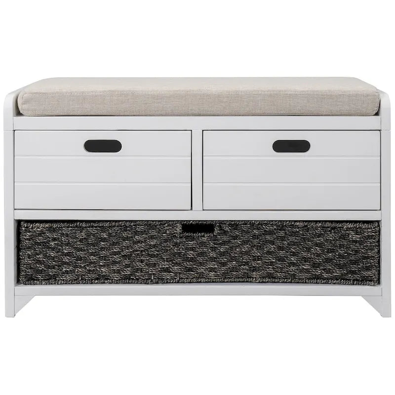 Banc de rangement rustique rembourré avec 2 tiroirs et panier en rotin amovible