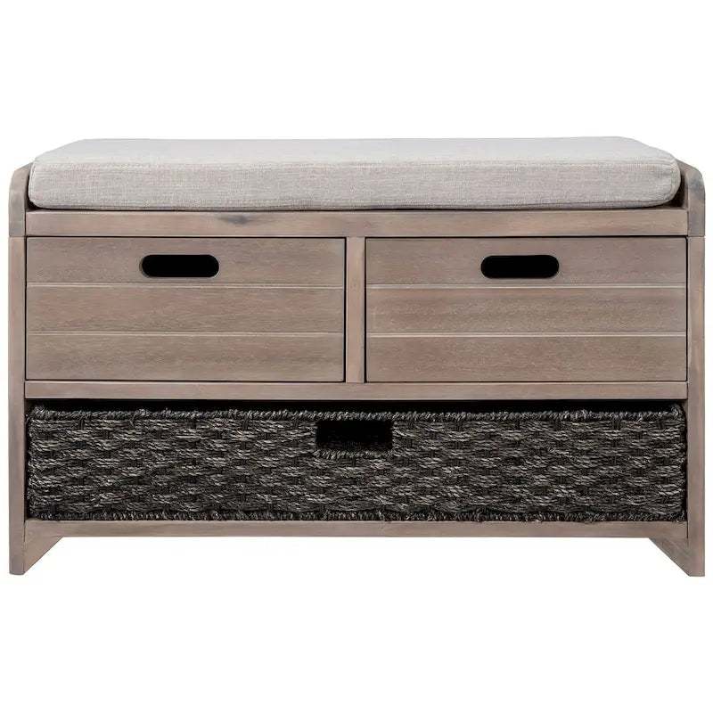 Banc de rangement rustique rembourré avec 2 tiroirs et panier en rotin amovible