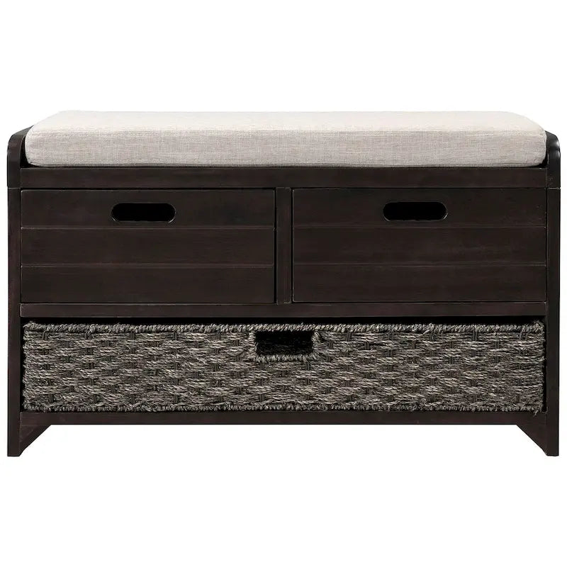 Banc de rangement rustique rembourré avec 2 tiroirs et panier en rotin amovible