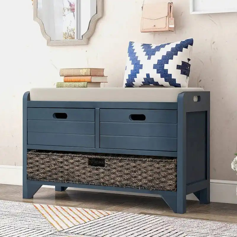 Banc de rangement rustique rembourré avec 2 tiroirs et panier en rotin amovible