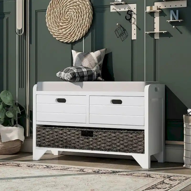 Banc de rangement rustique rembourré avec 2 tiroirs et panier en rotin amovible