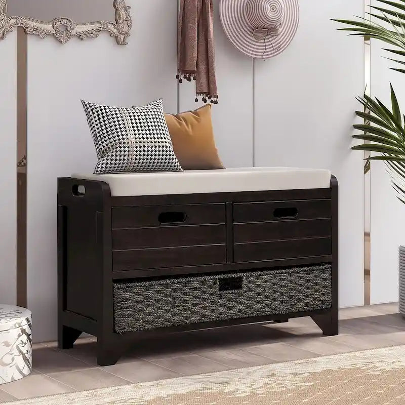 Banc de rangement rustique rembourré avec 2 tiroirs et panier en rotin amovible