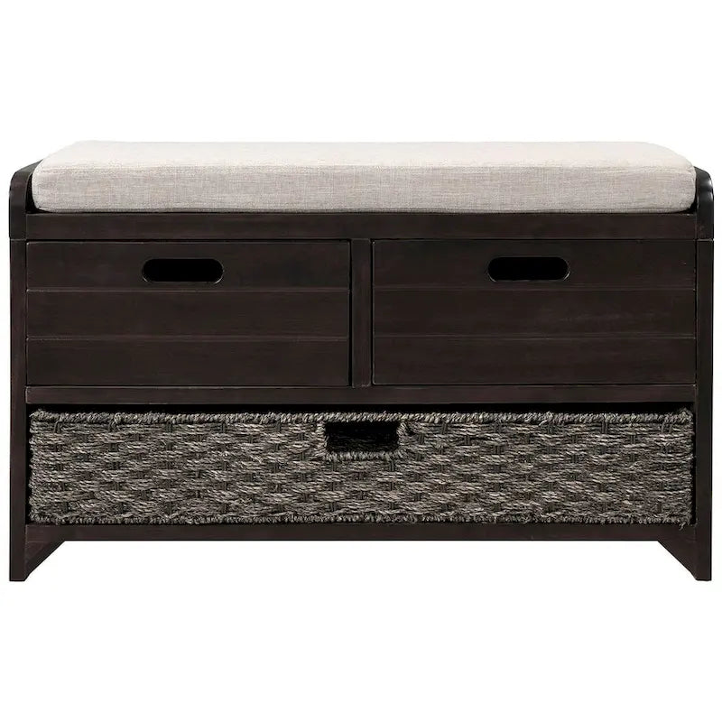 Banc de rangement rustique rembourré avec 2 tiroirs et panier en rotin amovible