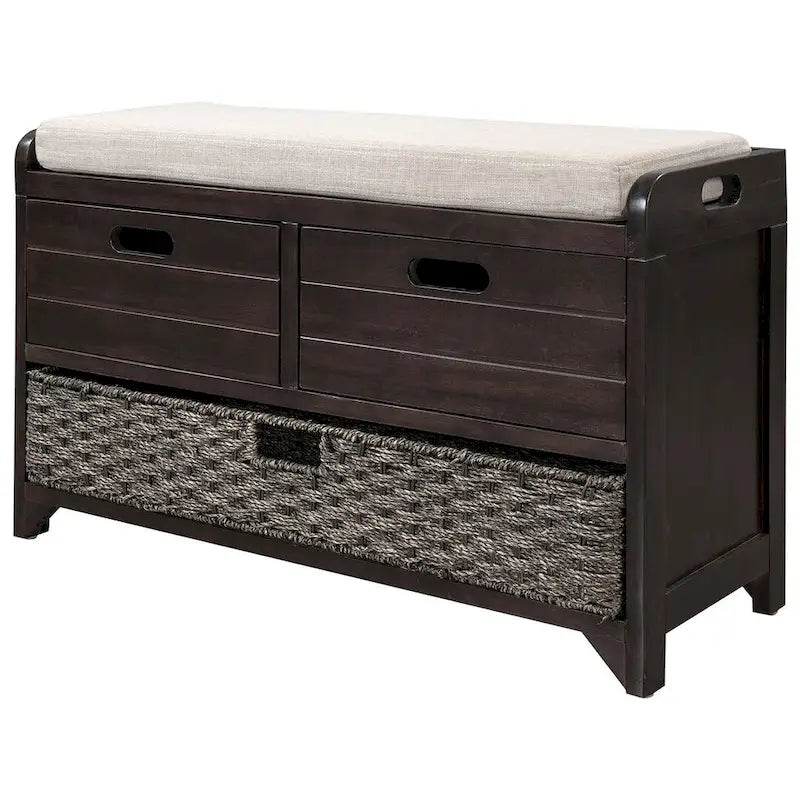 Banc de rangement rustique rembourré avec 2 tiroirs et panier en rotin amovible
